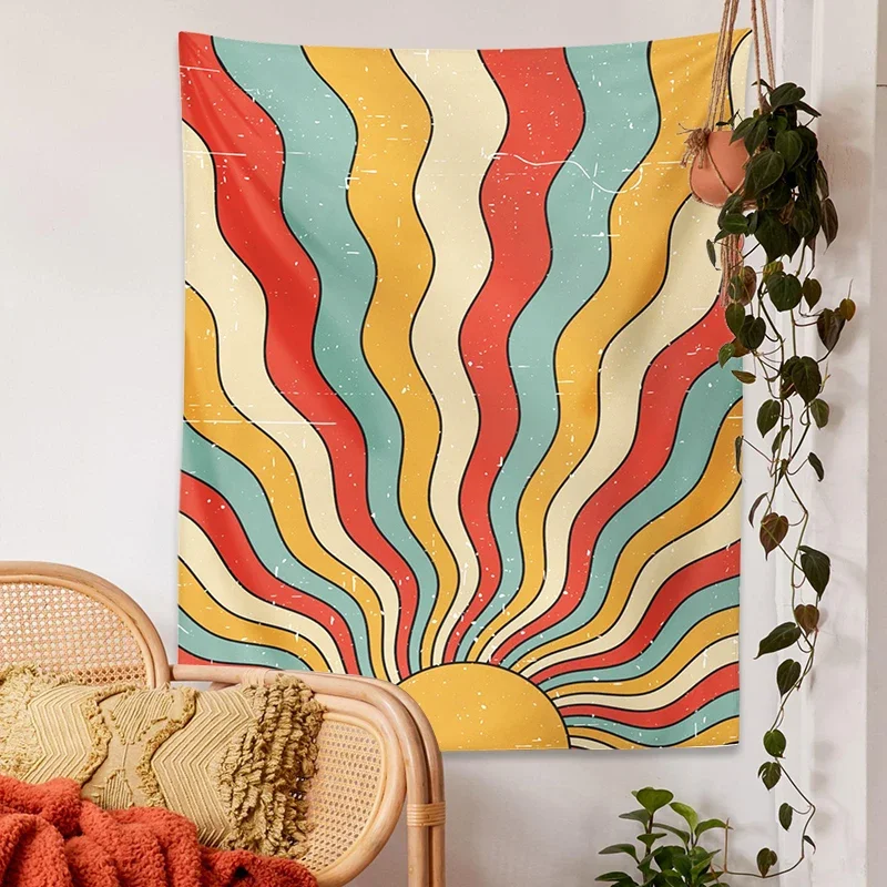 Retro Sun Tapestry Art Home Decor rainbow Hippie Bohemian Tapestries Psychedelic 60s Vintage Wall Art Print Mural