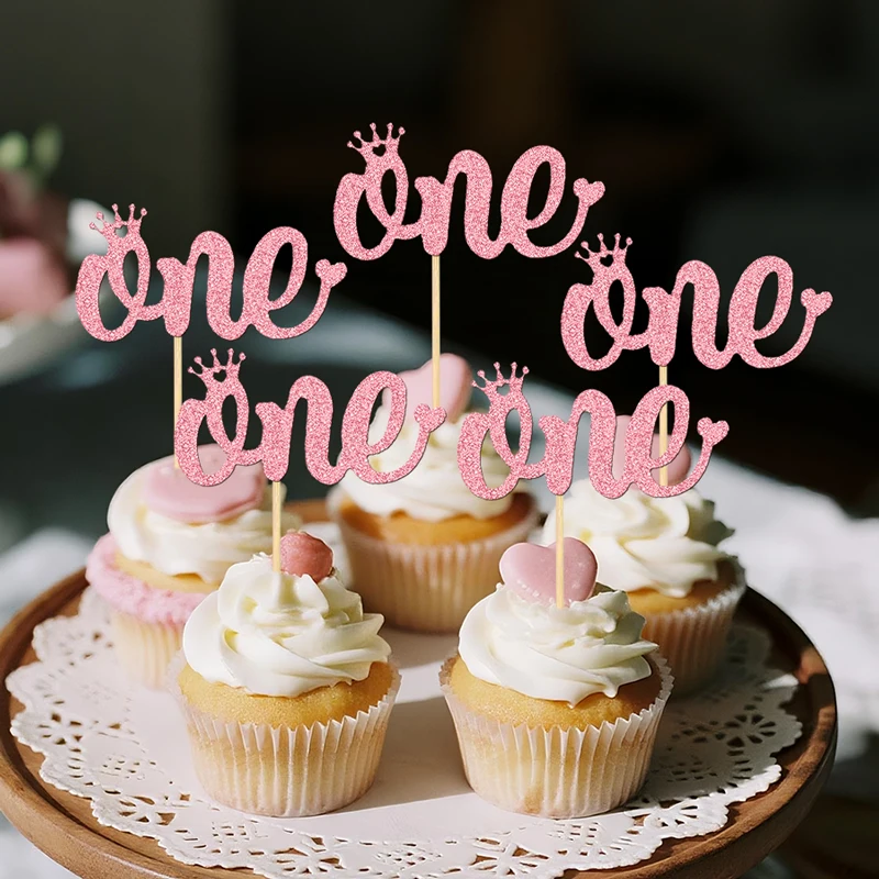 YOMDID 24 Stück One Cupcake-Topper, glitzernde One-Cupcake-Picks, elegantes Schriftzug- und Kronen-Design mit herzförmigen Cupcake-Dekorationen