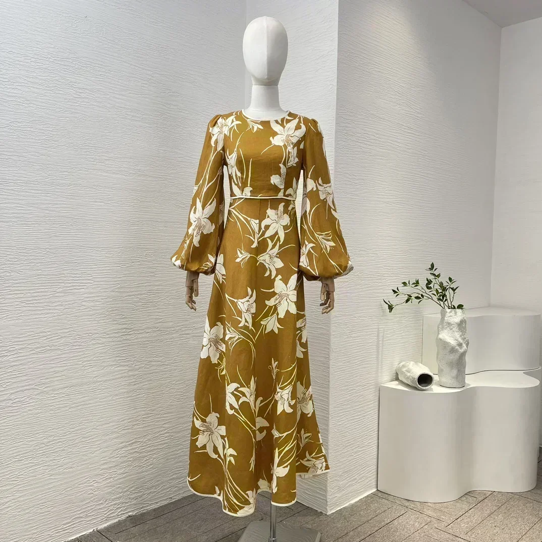 2024 New Arrivial High Quality Vintage 3/4 Sleeve Linen Floral Midi Dress with Belt Women Holiday Beach Style