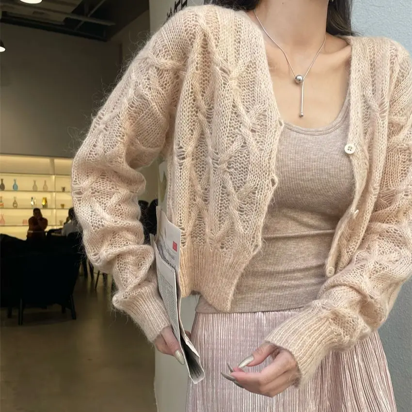 

Gentle Mohair Knitting Cardigan for Women, French Sweater, Plush Texture, Short Soft Waxy Coat, Monochromatic, Spring and Autumn