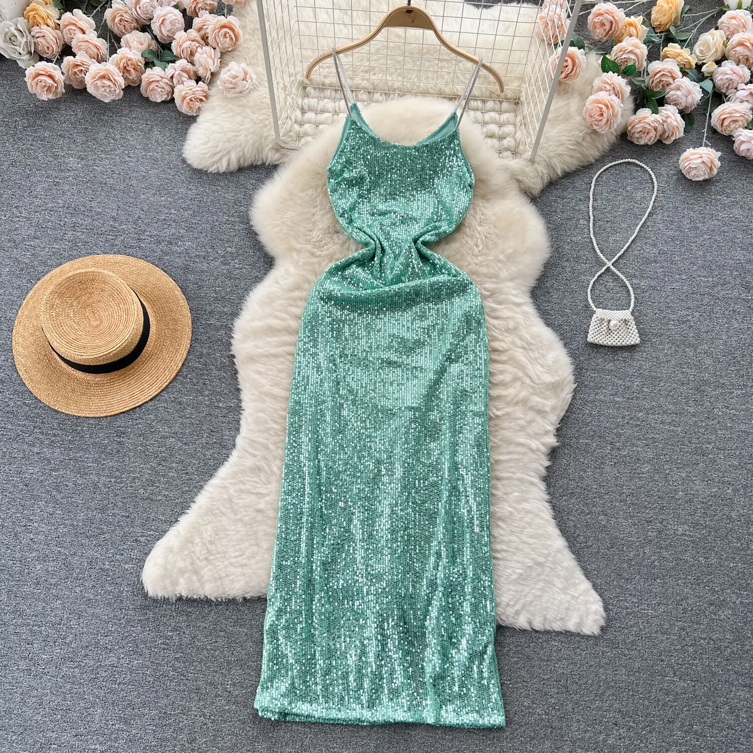 Foamlina-Robe de Soirée Longue à Paillettes pour Femme, Tenue Sexy à Bretelles Spaghetti, Dos aux, Slim, Haute Fente, Vert