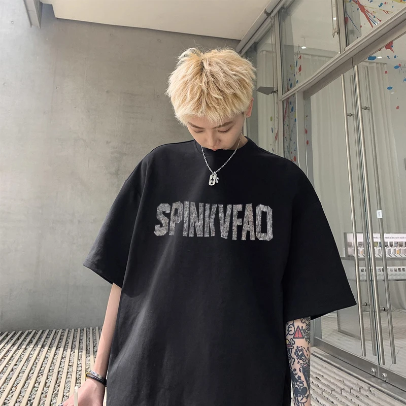 

Heavyweight Rhinestone T-irt Men's Summer Trendy Brand Pure Cotton ort Sve American High Street Retro Seven-Sve Ove...