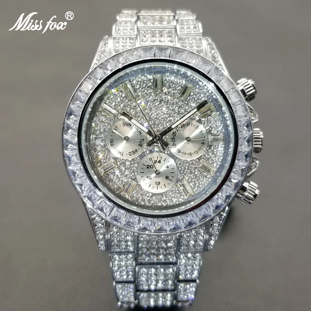 MISSFOX Hip Hop Wristwatch For Men Luxury Ice Out Full Diamond Watches Hip Hop Fashion Silver Wterproof Week Display Clock 2022