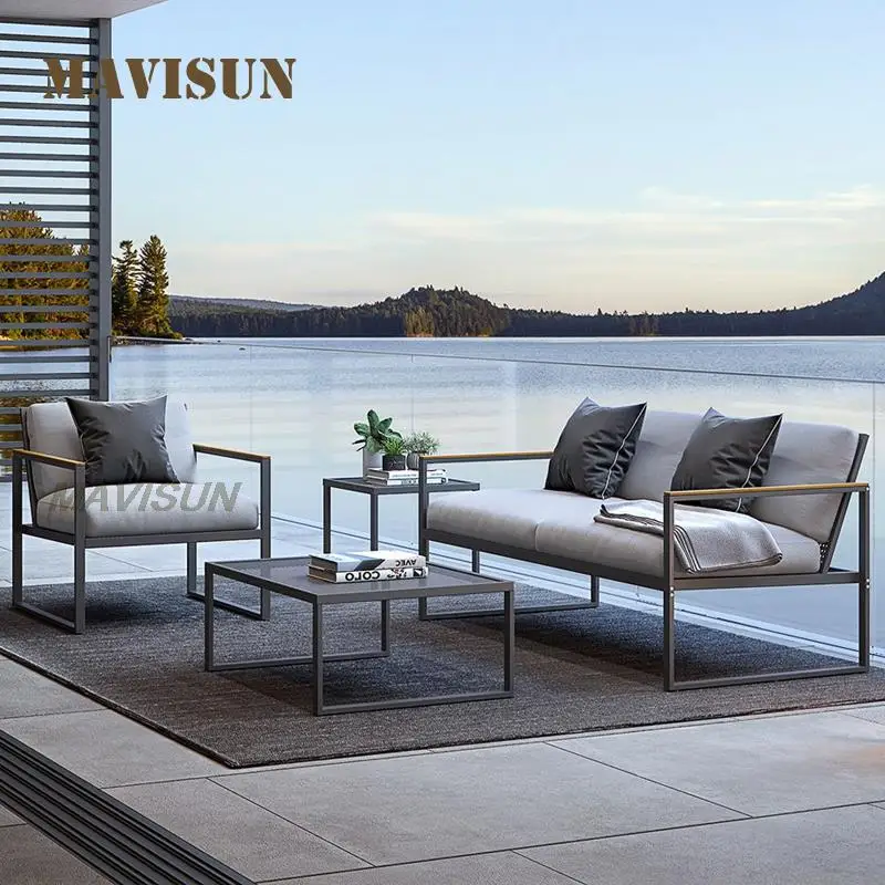 2022 New Modern Outdoor Sofa Combination For Patio Courtyard Waterproof Fabric Leisure Solid Wood Coffee Table Outdoor Furniture