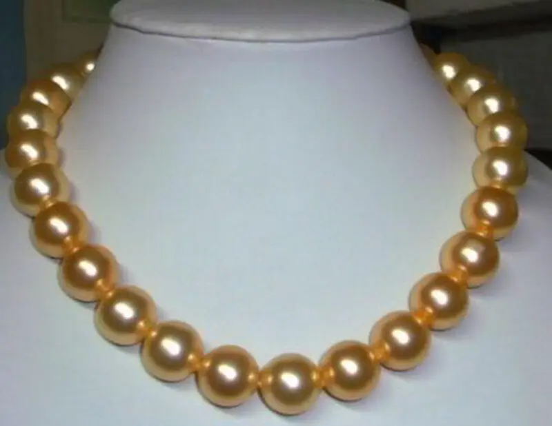 

10mm gold south sea shell pearl round beads Gemstones necklace 18" AAA+