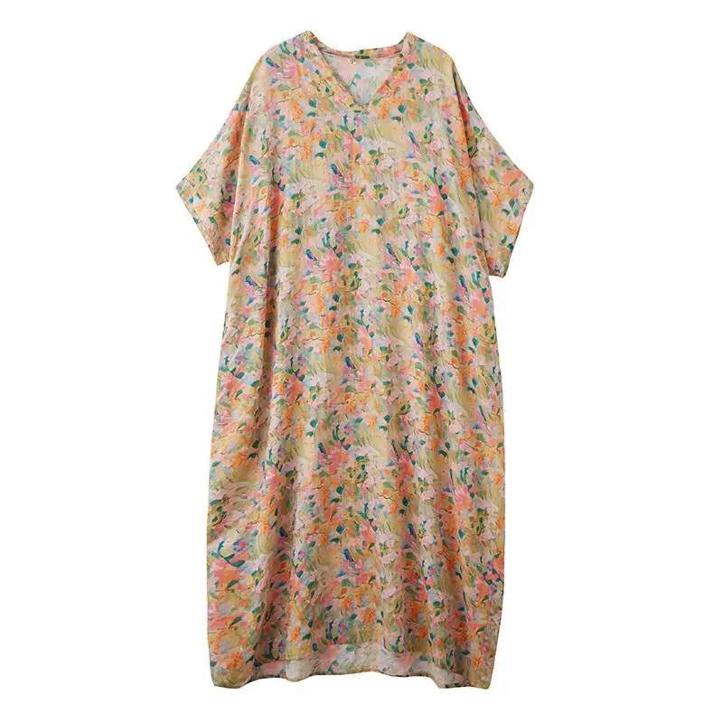 Short Sleeve Plus Size Cotton Vintage Floral Midi Dresses with Pocket Women Casual Loose Maxi Long Summer Dress boho print cloth