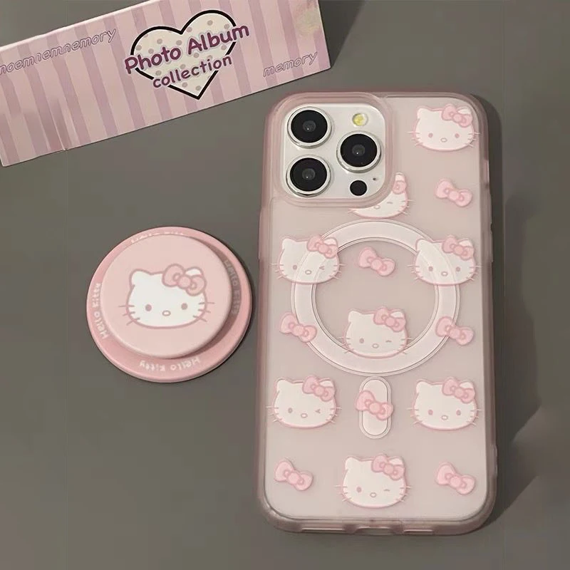 

Розовый чехол для телефона Hello Kitty подходит для Iphone 16, 15, 14, 13, Kawaii KT Cat, магнитная подставка, противоударный чехол для телефона, аксессуары в стиле аниме