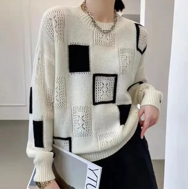 

Fashion Tops Women Oversized Sweater Autumn Winter New Colorblock Plaid Knitted Pullovers Round Neck Retro Warm Sweaters