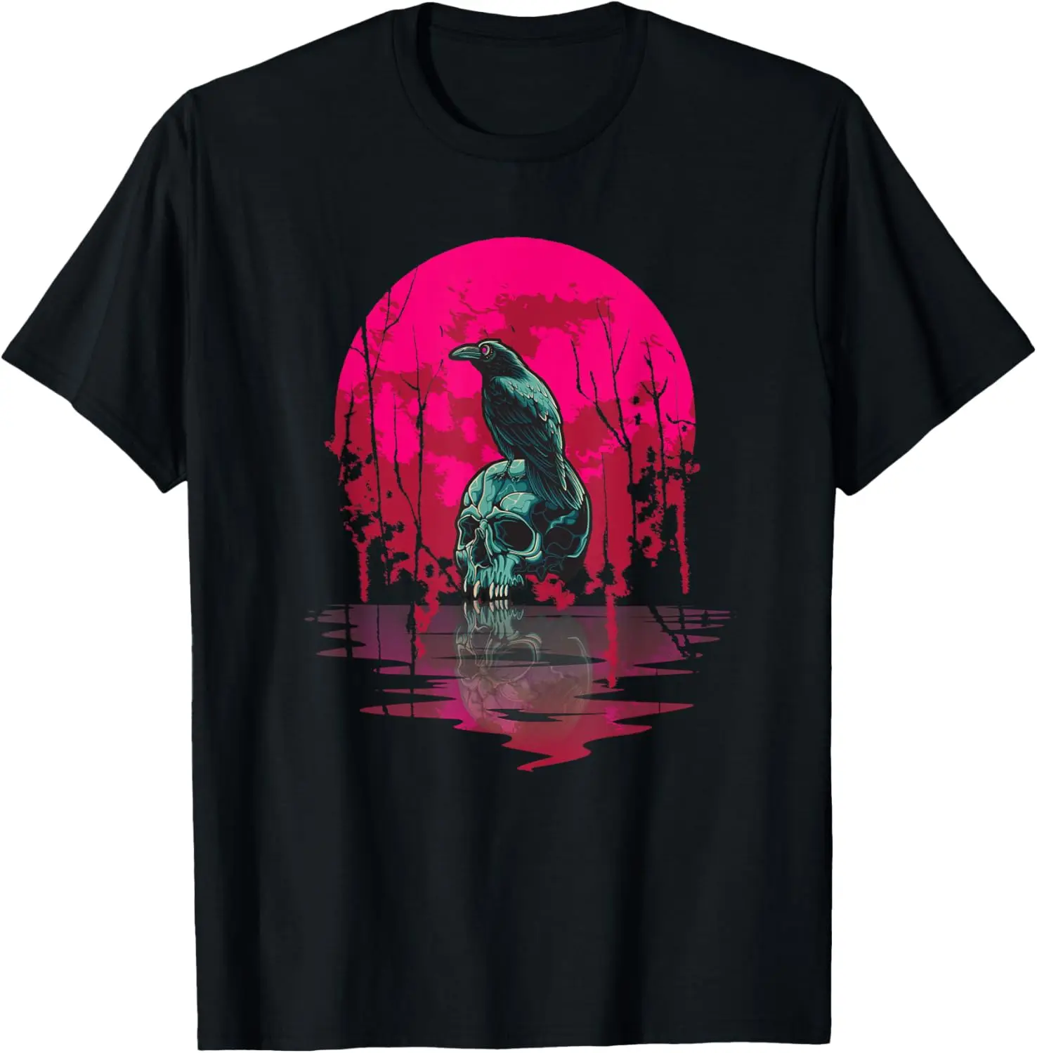 Gothic Raven Skull Red Moon Black Crow T-Shirt