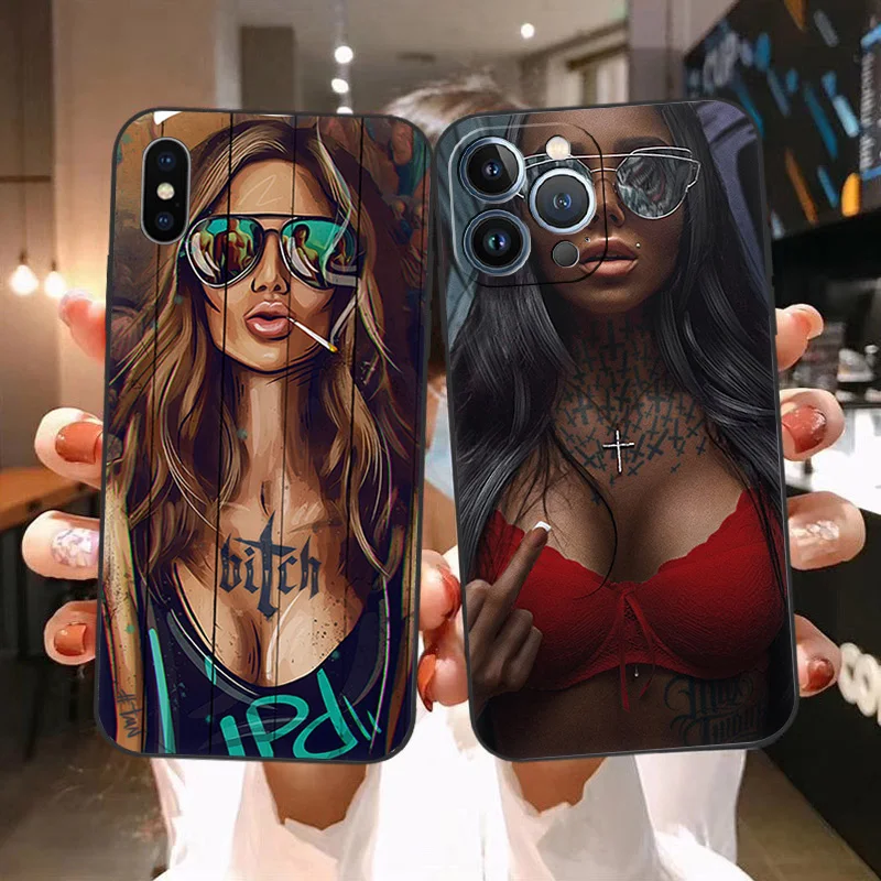 Soft Phone Cases For iPhone 15Pro 14 13 Pro Max 12 11 Mini 7 8 15 Plus SE XS XR Luxury Super Sexy Tattoo Girl Black Matte Cover