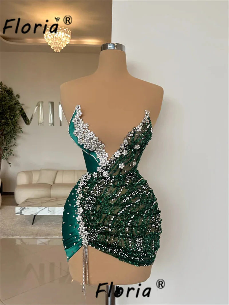 Green 3D Flower Crystal Appliques Cocktail Dress with Fringes Sequin Beaded Short Prom Dresses vestidos para eventos especiales