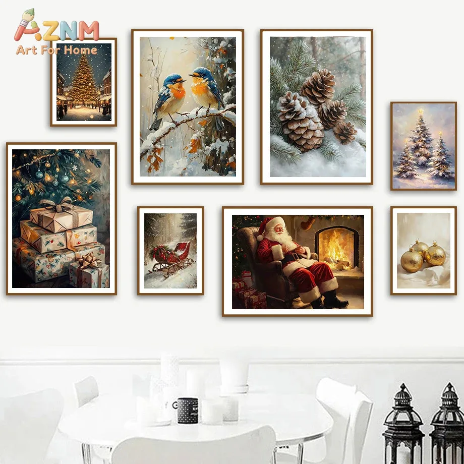 AZNM Vintage Christmas Town Canvas Wall Art Glowing Giant Xmas Tree Snowy Street Night Winter Oil Print Unframed Canvas Holiday