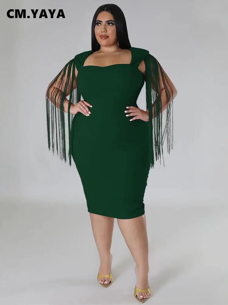 CM.YAYA Plus Size Women Tassle Shoulder Sleeveless Bodycon Midi Dress 2023 Fashion INS Curve Sexy Party Club Dresses Vestidos