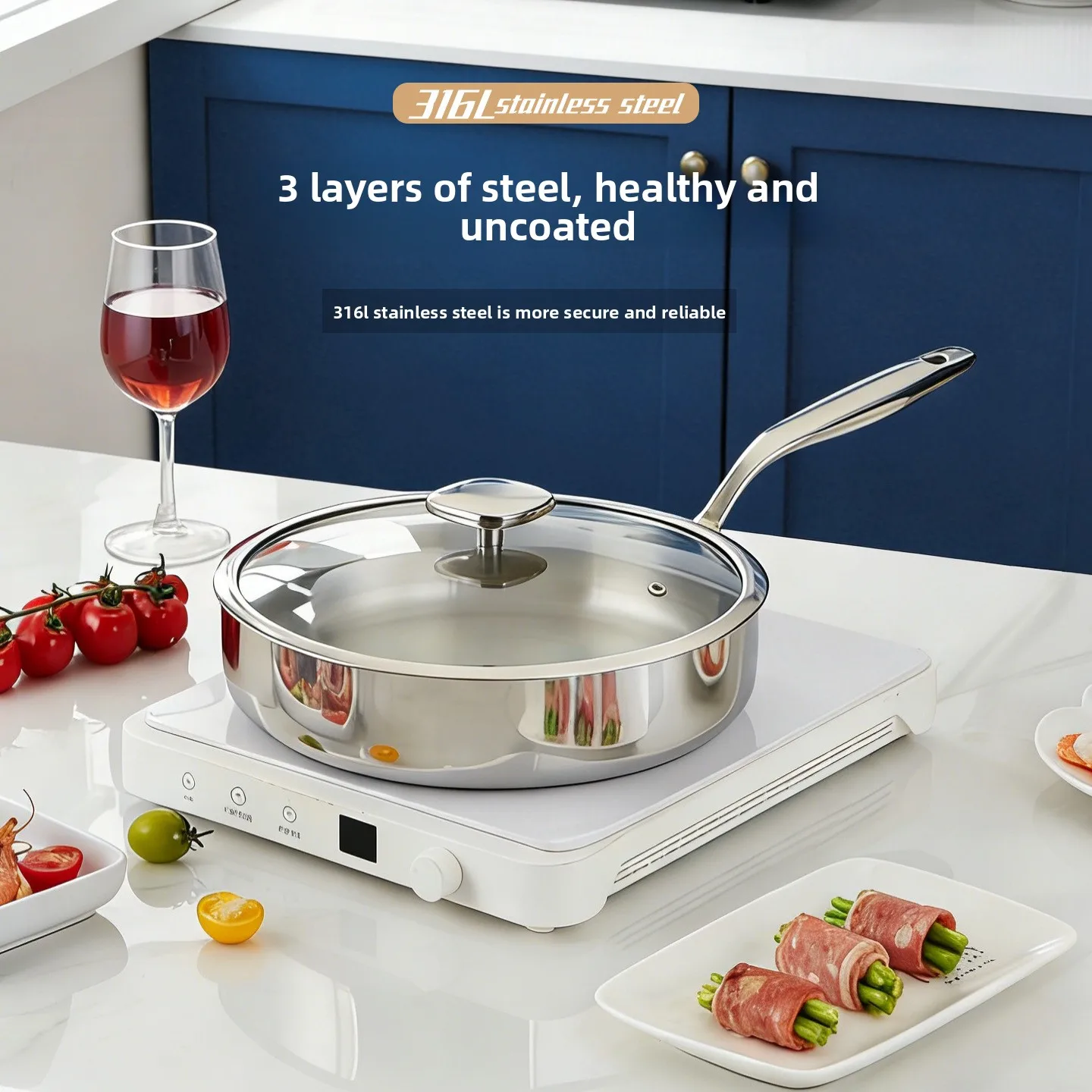 ZML pan three-layer steel frying pan  frying frying pan cooking  with lid wok uncoated