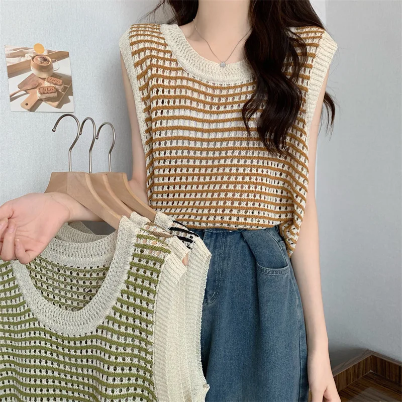 

Summer Hollowing Out Stripe Women's Knitted Camisole Vest Sleeveless Loose Fitting Youth Elegant High Quality Knitwear Tops