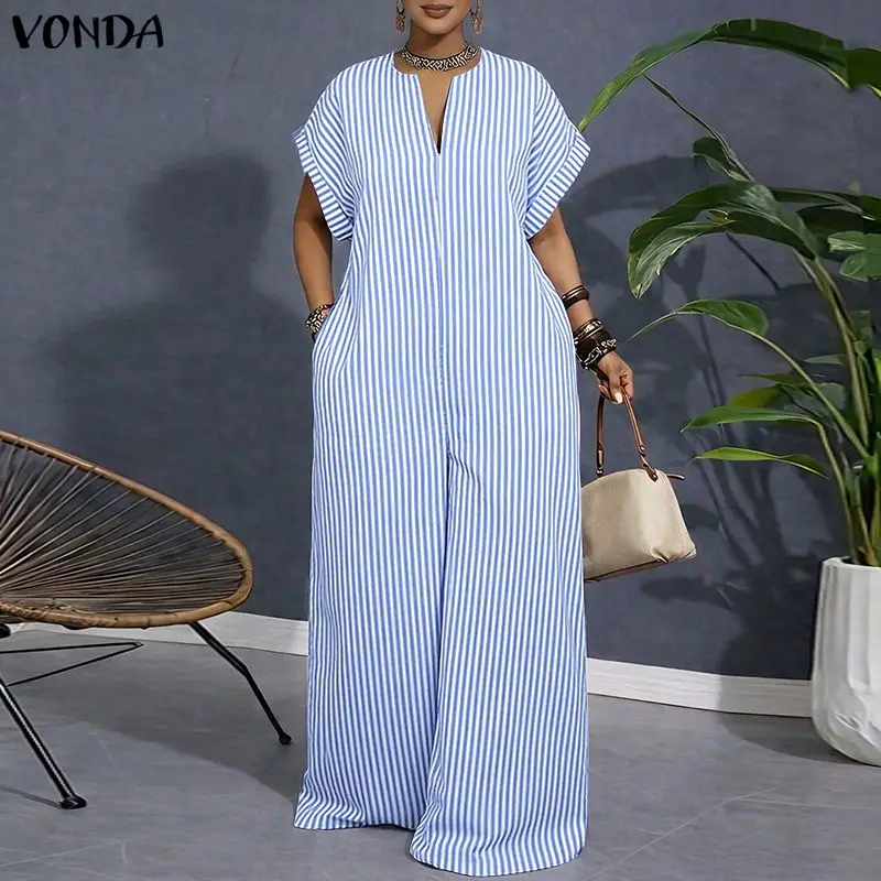 

VONDA Women Plus Size Jumpsuits Summer Short Sleeve Stripe Jumpsuits Wide Leg Pants V Neck Fashion OL Party Overalls Playsuits