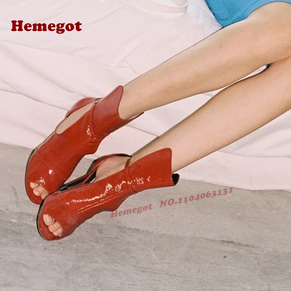 Red Mirror Buckled Sandals Peep Toe Side Air Stiletto Heels Women's Sandals Patent Leather Summer Shoes Glossy Elegant 2025 New