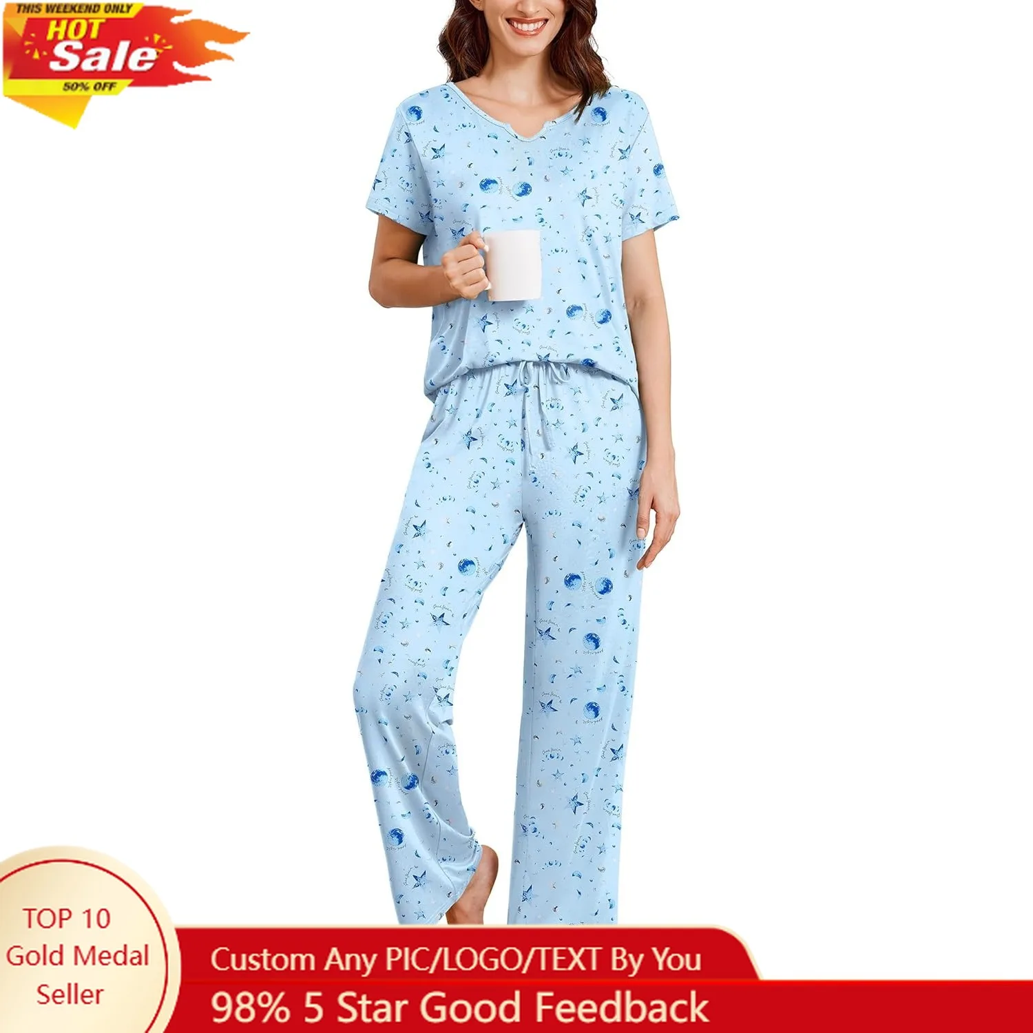 

Ekouaer 2 Piece Womens Pajamas V Neck Short Sleeve Top and Long Pants Pjs Print Lounge Set Sleepwear