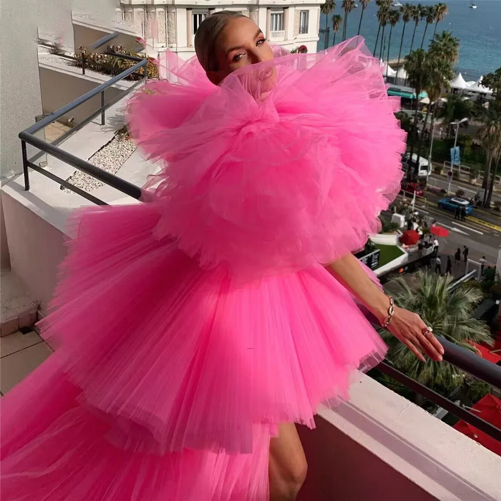 Hot Pink Tulle High Low Prom Party Dresses Sexy Cut Out Tiered Long Celebrate Evening Dress 2023 Customized Event Pageant Gowns