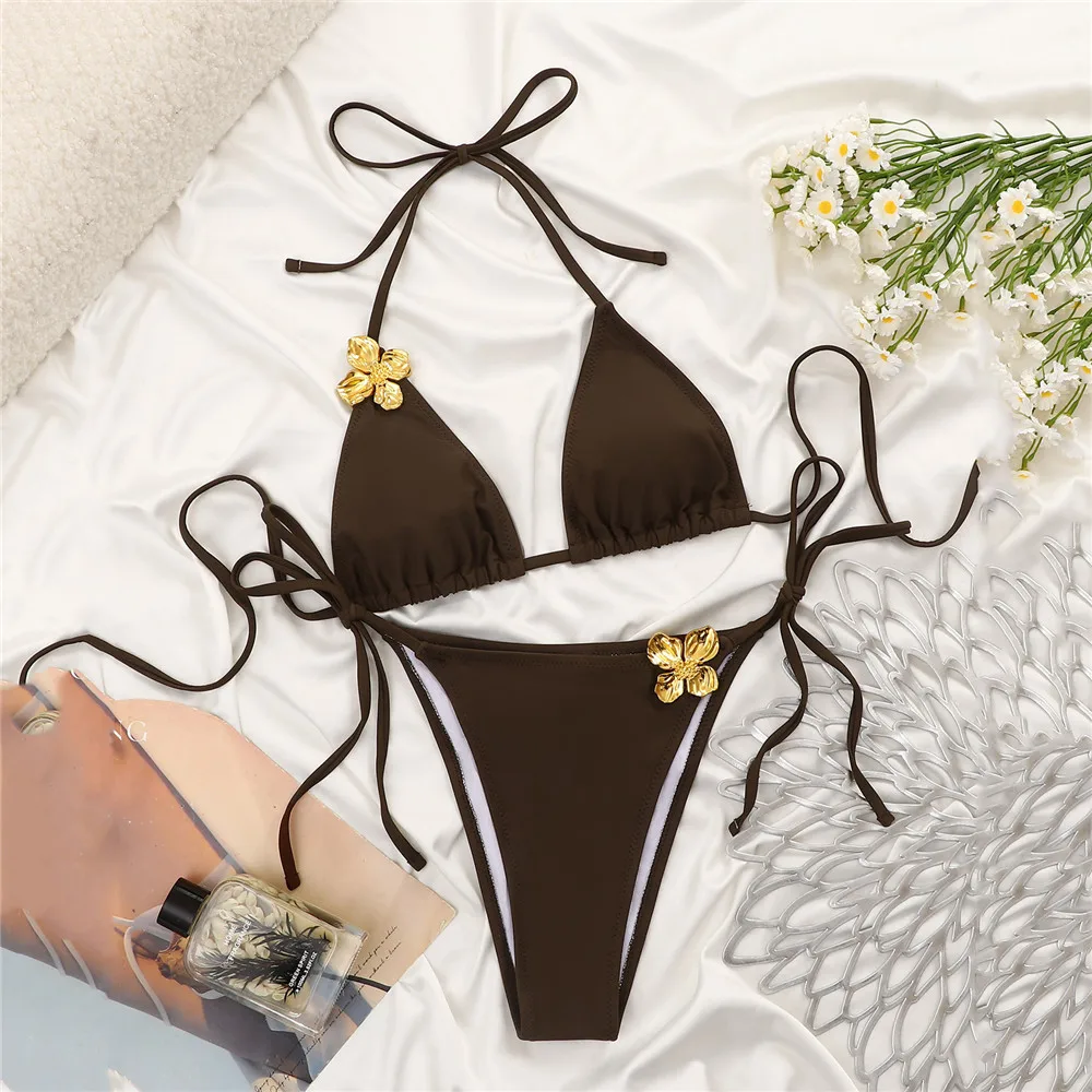 

Brown Thong Micro String Halter Triangle Bikini Metal Flower Sexy Swimsuit Women 2026 Solid Swimwear Brazilian Bikinis Set Femme