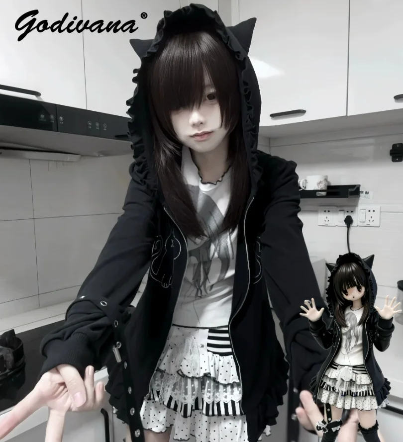 New Spring and Autumn Cute Cat Ear Black Coat Girls Women's Cake Hem Subculture Strappy Rivet Zip-up Hoodie Jacket