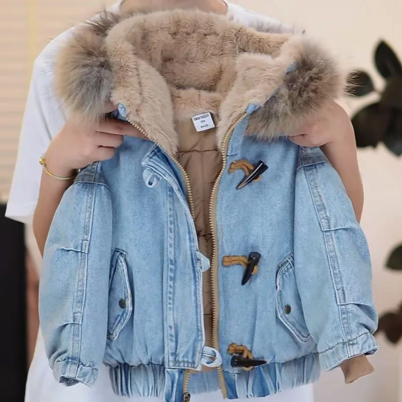 UNITIM 2026 Children Boys Cotton Jacket Kids Boys Winter Thicken Denim Coat Faux Fur Hooded Plush Hooded Cotton-padded Parkas
