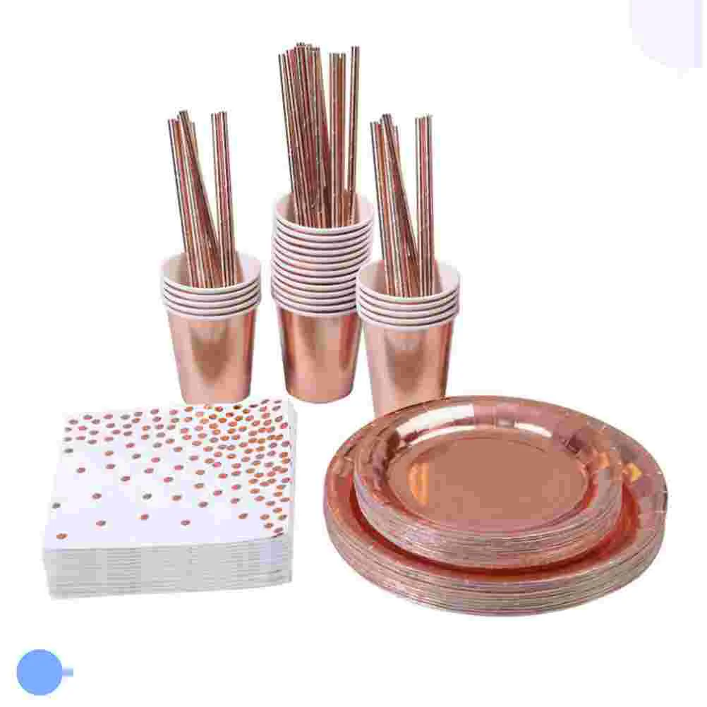 146 Pcs Disposable Plates Hard Plastic Tableware Party Pink Girls Decoration Supplies Flatware Girl's Rose Gold Cake