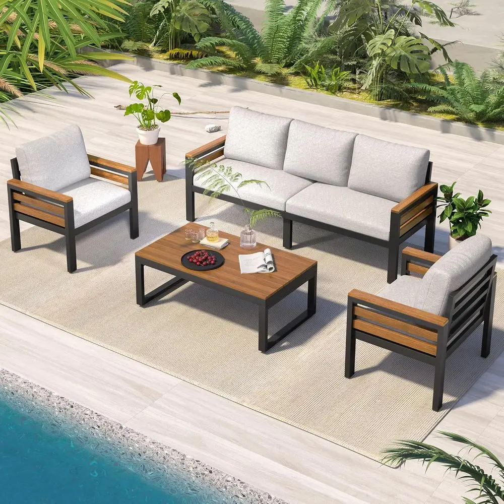 

4-Piece Outdoor Patio urniture Sectional Soa Set with Acacia Wood Armrests, All-Weather Contion Set with Removable Cushion and S