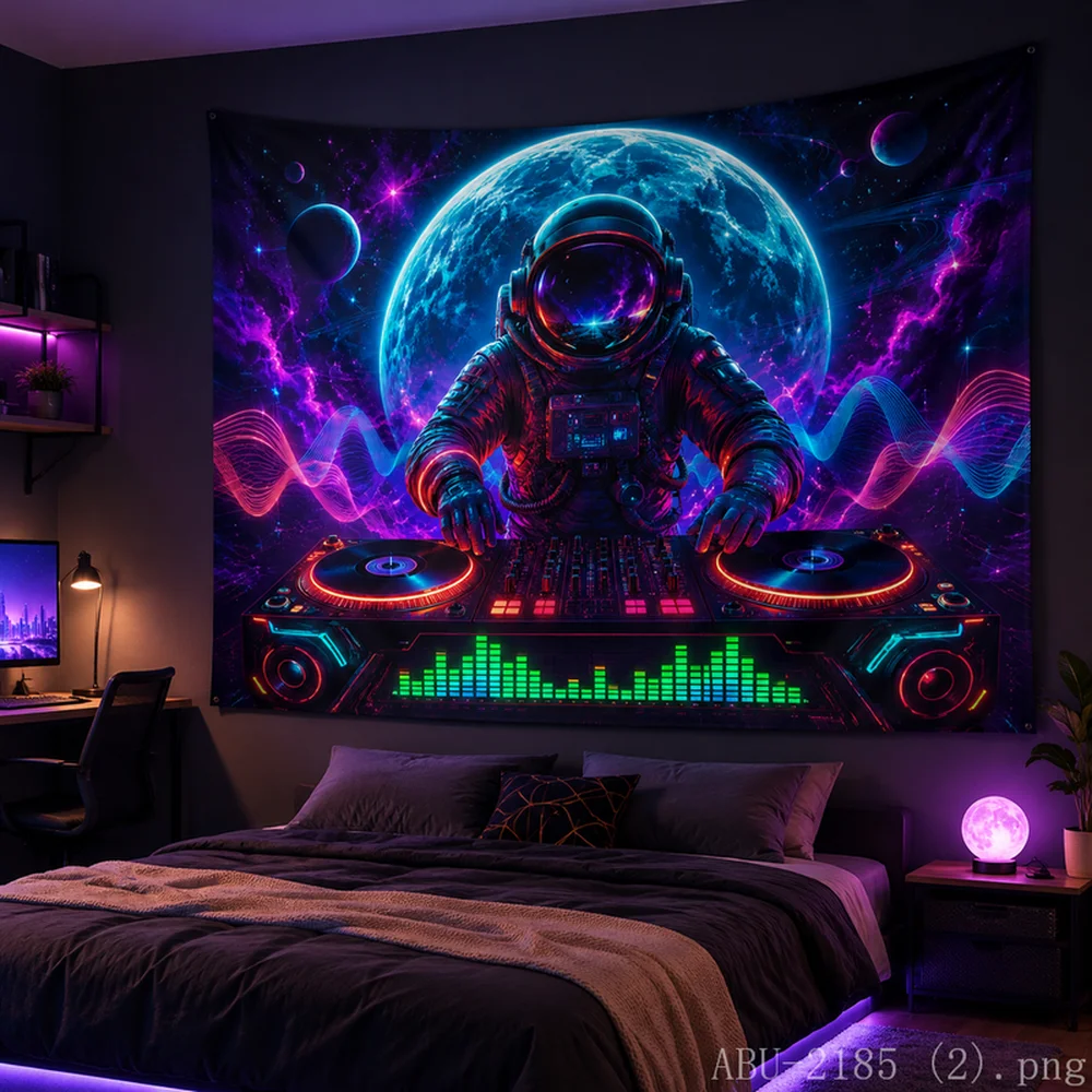 VIKAMA Futuristic DJ Astronaut Tapestry Purple Blue Nebula Galaxy Wall Art Unique Room Decor