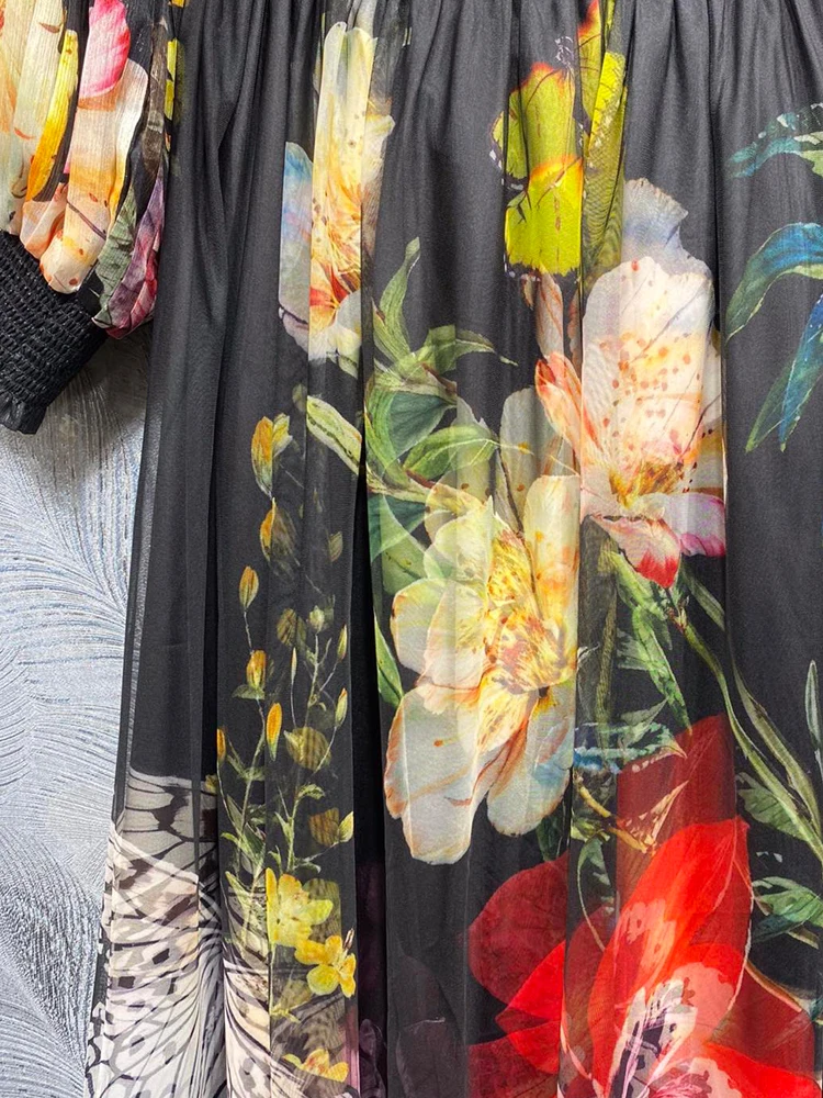 SEQINYY Elegant Black Suit Summer Spring New Fashion Design Women Runway Shirt + Chiffon Long Skirt Vintage Flower Print