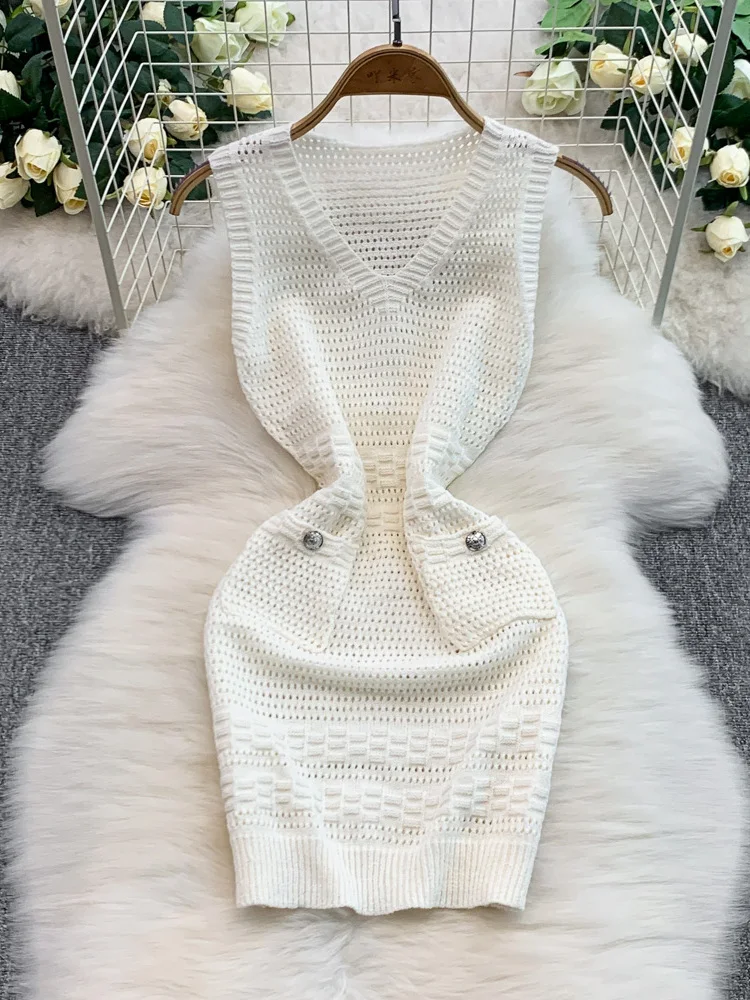 Summer 2025 Women's Knitted Hollow out Svel V-Ne Dr Slimming High Waist ort Skirt Comfortable Commute Sle Faion