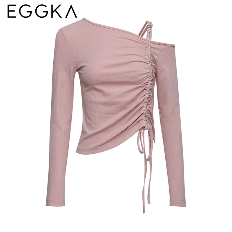 EGGKA Autumn Slanted Shoulder Tops Women Lady Asymmetric Collar Long-sleeve Tops Female Slim T-shirts Korean Fashion Black Tees