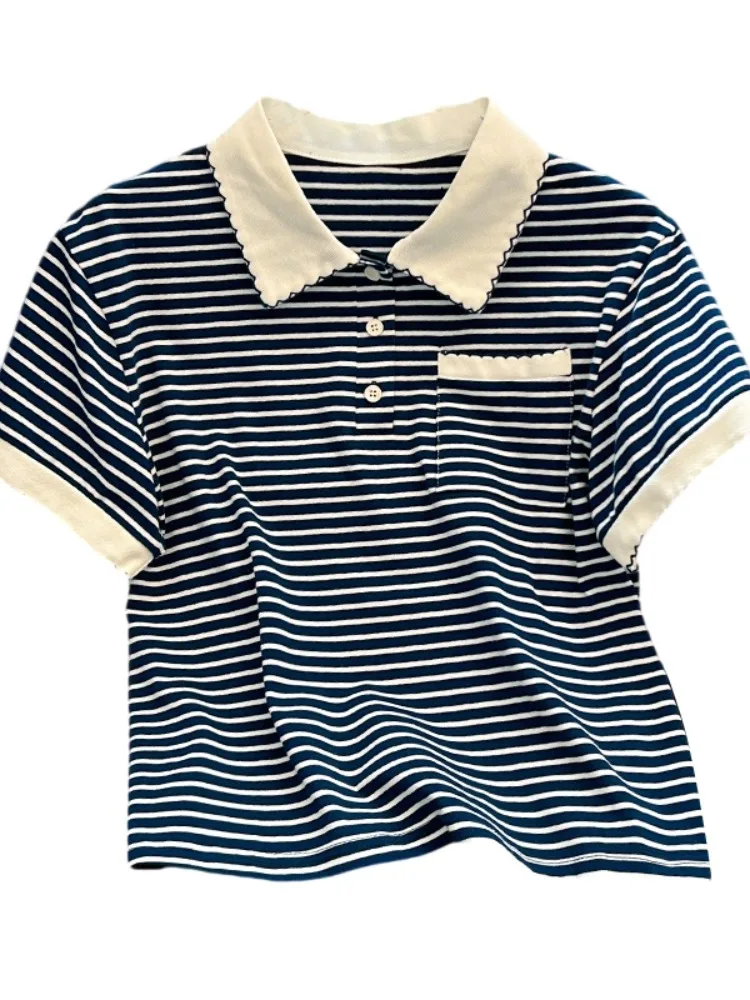 Nowa letnia koszulka damska 2025 w paski, luźny krój, dopasowany, z mieszanki bawełny, styl koreański.