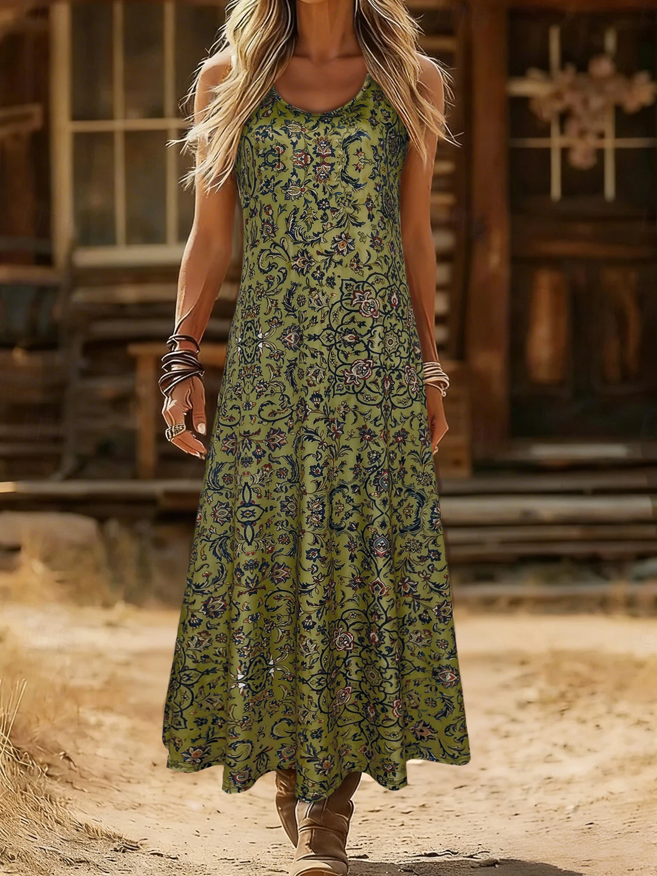 Women's Vintage Floral Print Sleeveless Maxi Dress, Round Neck Loose A Line Casual Sundress,Summer B