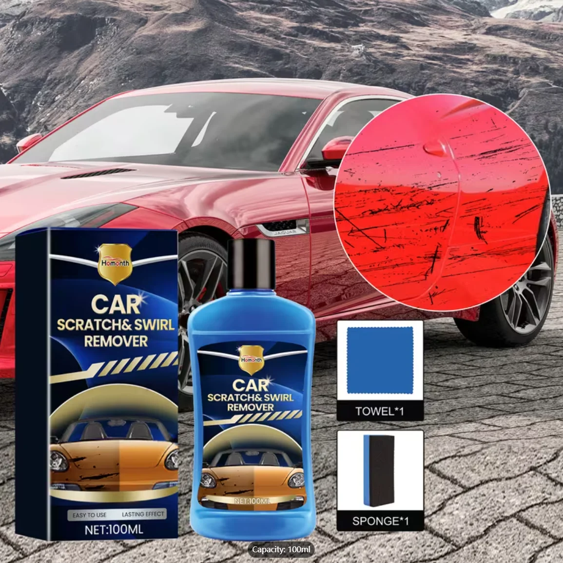 Homonth Car Scratch & Swirl Remover, 100ml - Paint Scratch Repair & Restoration Kit with Sponge & Towel, Lasting Shine