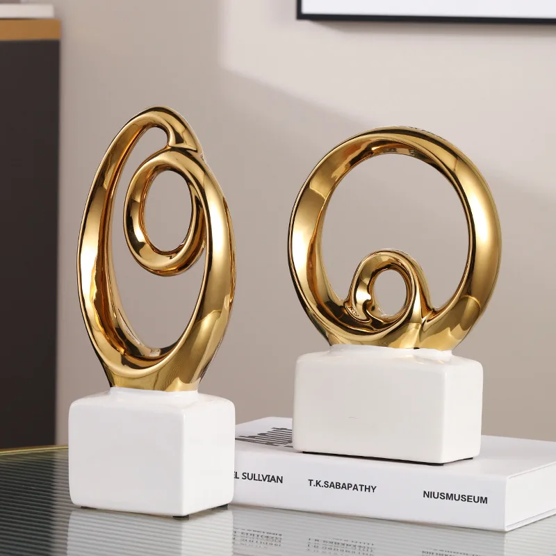 

Ceramic Handicraft Golden Ribbon Geometric Hollow Sculpture Gold Ring Decorative Figurines Home Decoration Accessories
