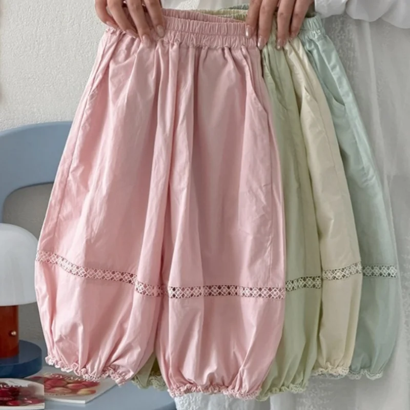 

Girls' Summer Thin Cotton Pants 2026 Korean Children's Clothing Fashion Simple Elegant Lace Trim Lantern Wide-leg Pants