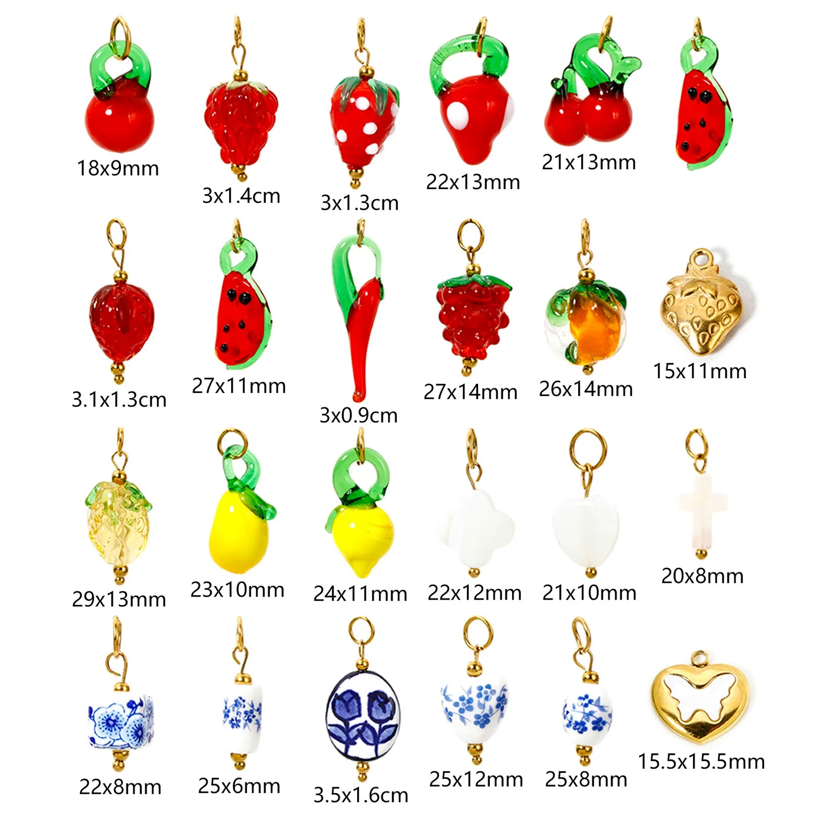 304 Stainless Steel Lampwork 3D Fruit Collection Earrings Charms Strawberry Flora Pepper Pendant Blue and White Porcelain DIY