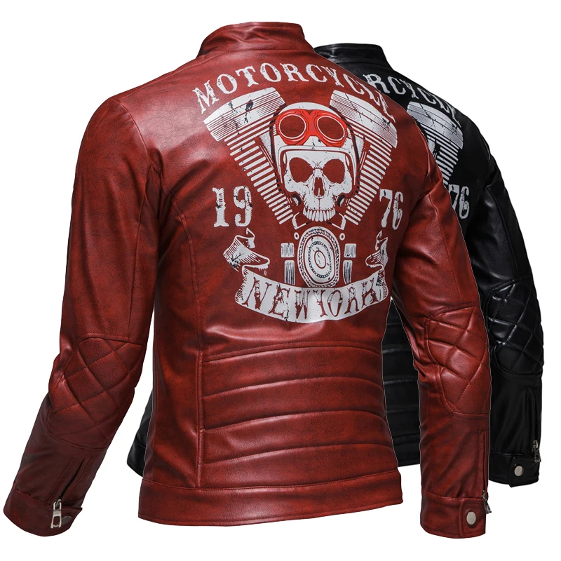 New men\'s fashion skull print leather jacket casual motorcycle PU leather windproof jacket punk style leather jacket