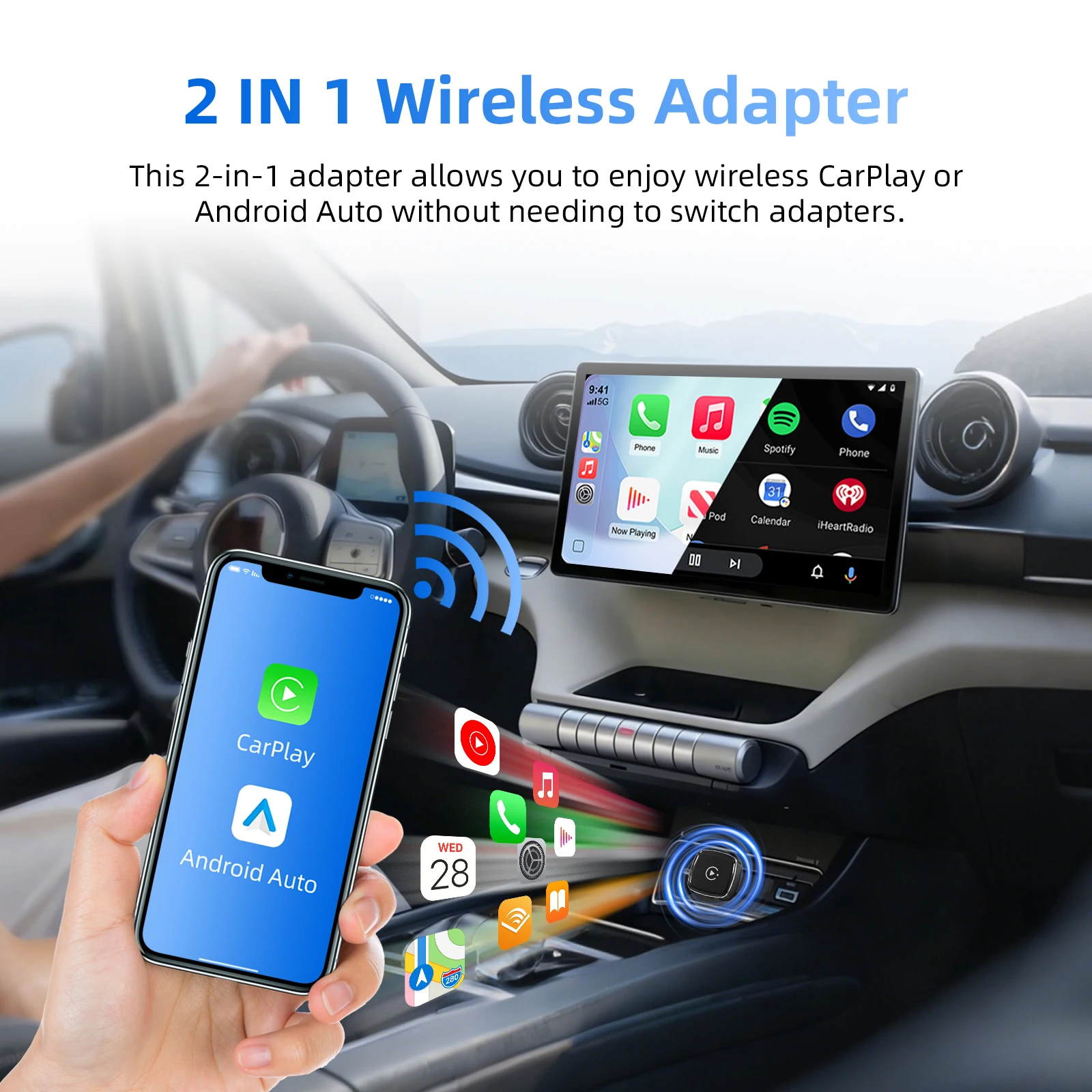 EzoneTronics Wireless CarPlay android auto adapter for factory Type-c wired car, wireless CarPlay & Android auto 2 in 1