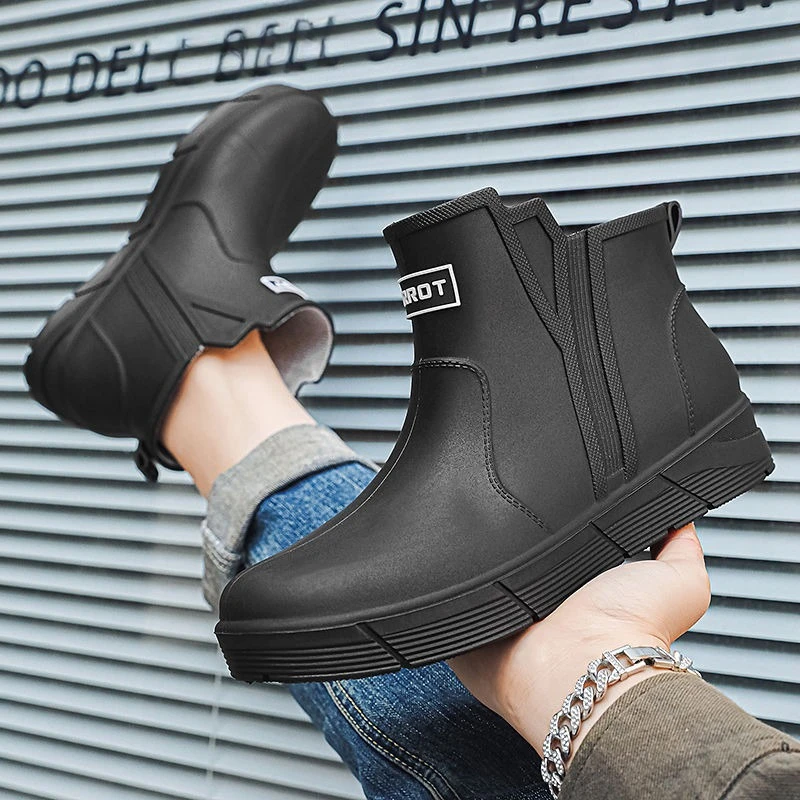 

Мужские резиновые сапоги до щиколотки, черные, легкие, без шнуровки, новые износостойкие уличные водонепроницаемые пластиковые рабочие мужские туфли из ПВХ