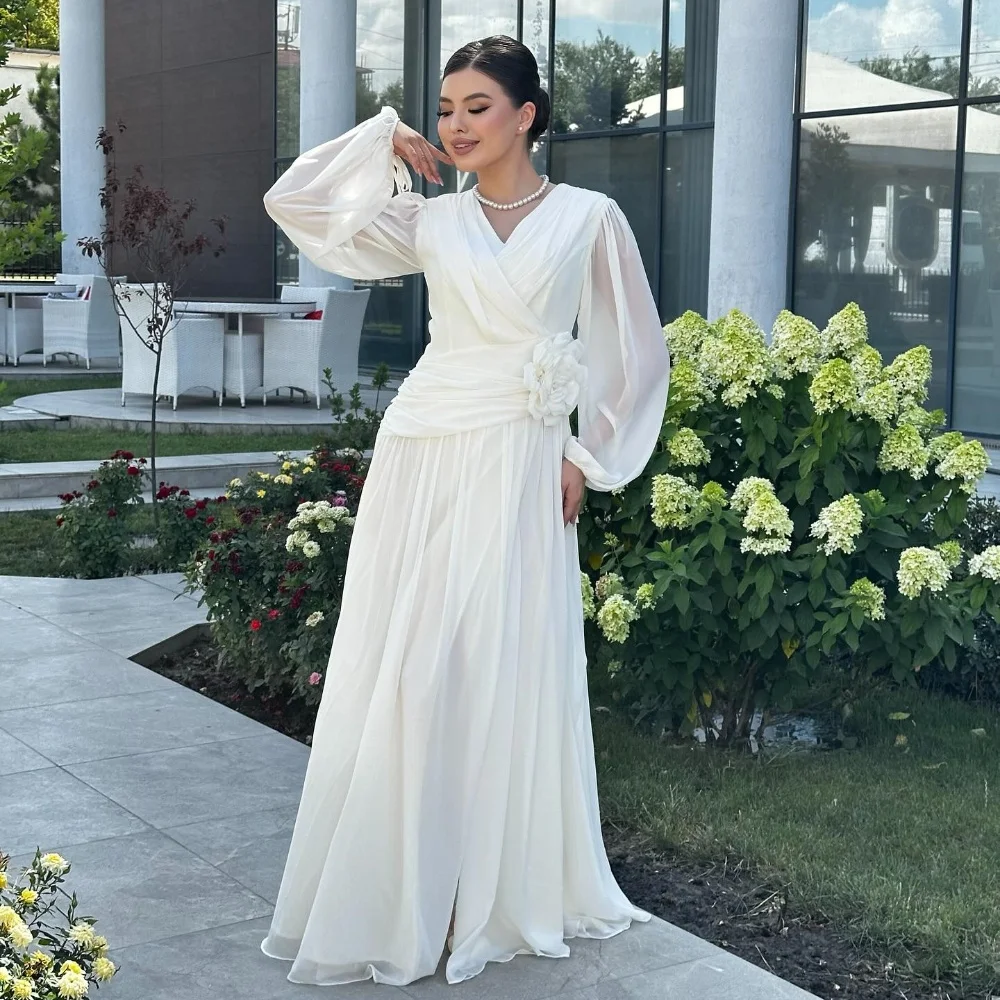 

Customized Matching Fashion Chiffon Handmade Flower Draped A-line V-neck Long Dresses Bespoke Occasion Dresses Sizes Available