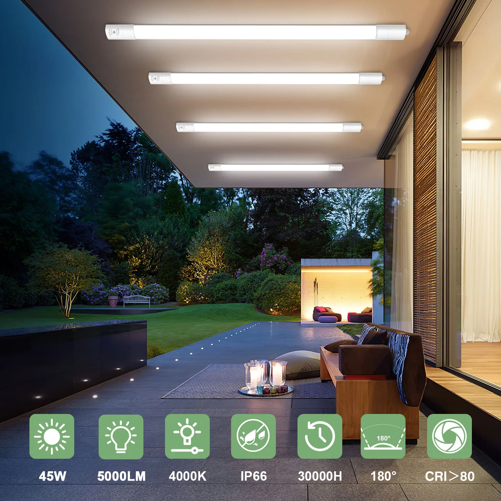 2/4 Stück 45 W LED-Nassraumleuchten mit Bewegungssensor, 4000 K, 150 cm, IP66 verknübbare Deckenröhrenlampe für Büro, Garage, Flur – Detail 3