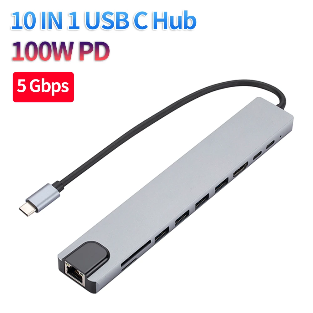 10 in 1 Hub 3 USB2.0 1 USB3.0 5Gbps Multiport Adapter 4K 100W PD USB C Docking Station SD/TF Card Reader for MacBook Laptop PC