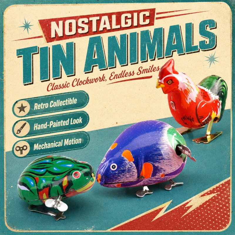 Retro Wind‑up Tin Animal Toy Mechanical Clockwork Frog Mouse Rooster Model Desktop Decoration Nostalgic Gift