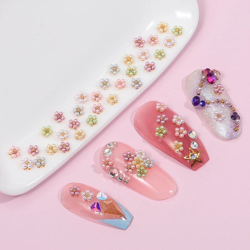 Decoración de manicura 3D con flores y perlas para mujer y niña adolescente, Mini cuentas de uñas chapadas en oro, dijes de joyería, 10 piezas por