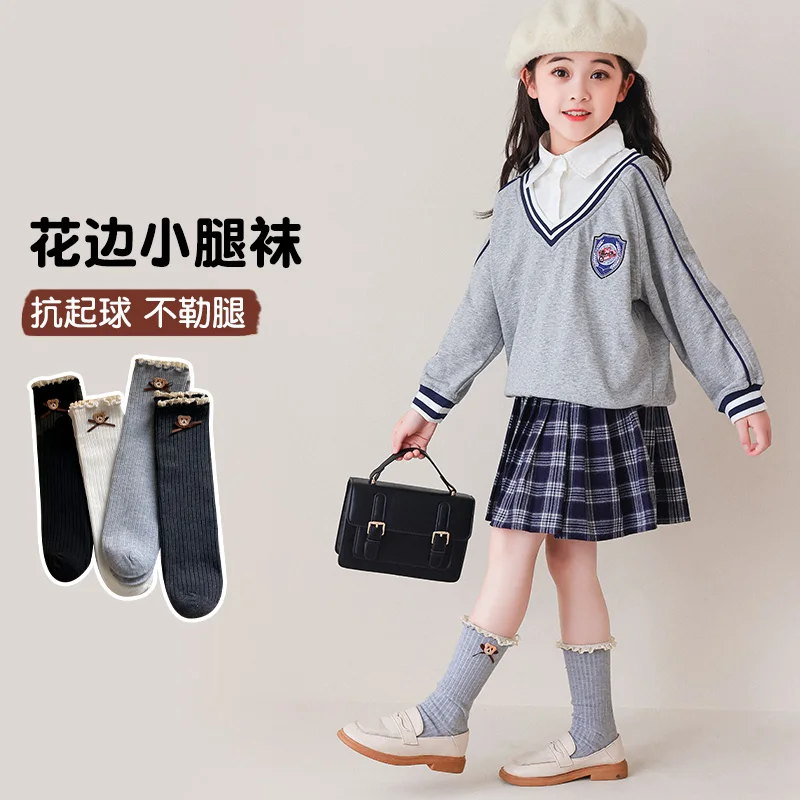 Cute Girls Preppy Mid Calf Hosiery Spring Fall Wear Cartoon Bear Lovely Bow Decor Fine Crochet Lace Edge Breathable Soft Hosiery