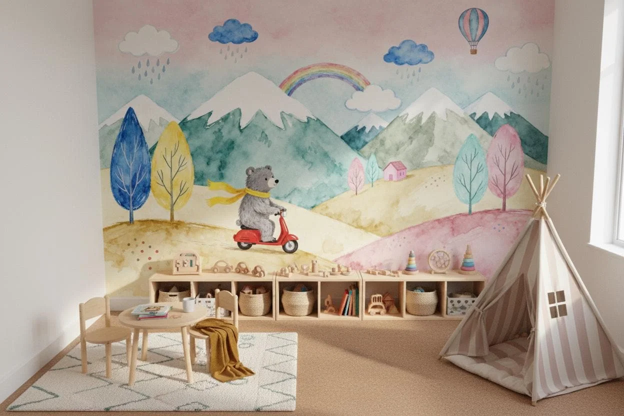 Customized Wallpaper Watercolor Forest Animal Green Tropical Wallpaper Cartoon Kindergarten Cute Animal Pink Orange 3d Wallpaper