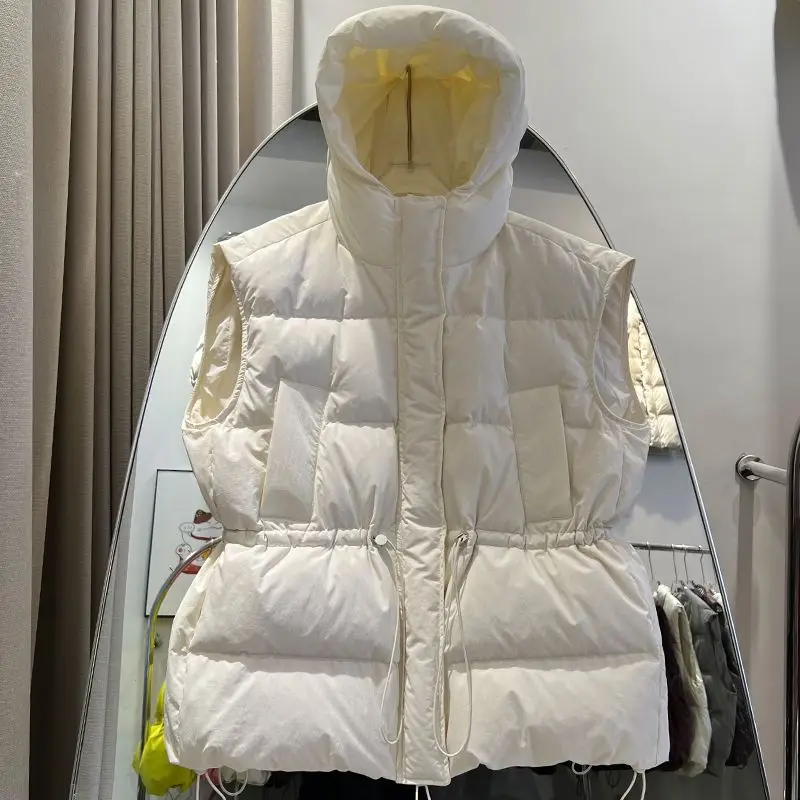 

Winter Women Down Cotton Vest Fashion Solid Color Waist Design Hooded Puffer Vest