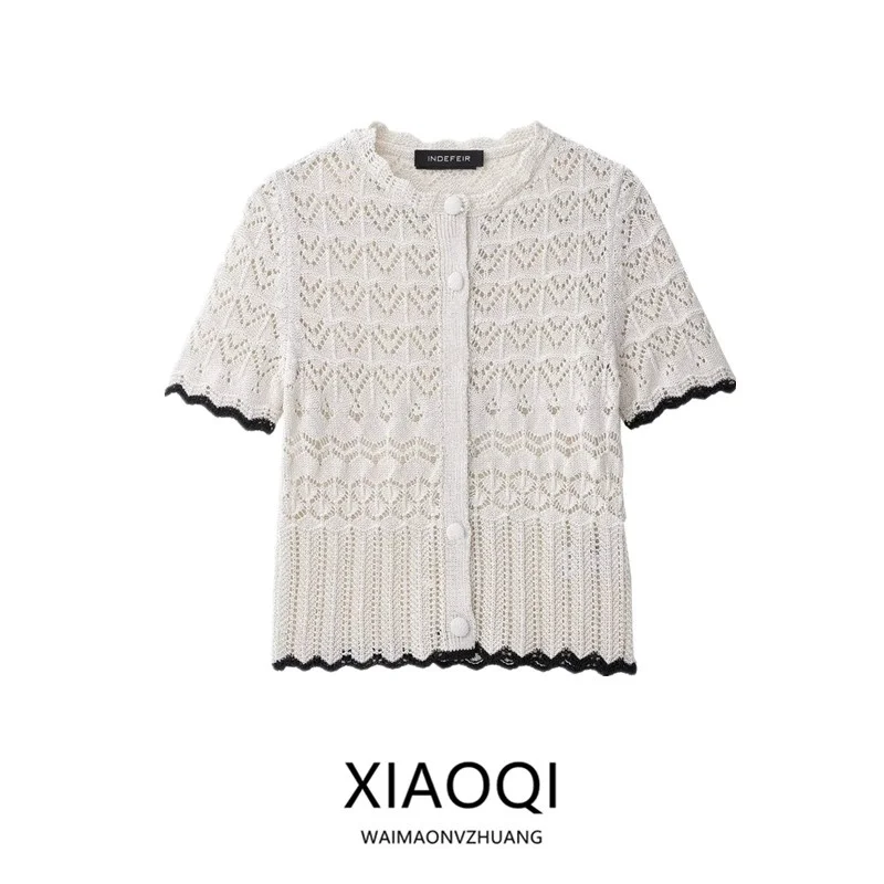 2025年夏新作 カジュアルニット ラウンドネック 半袖 アウター レディースファッション 通気性メッシュデザイン 快適なフィット感